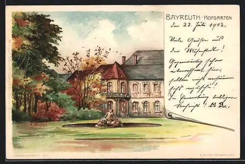 Lithographie Bayreuth, Hofgarten mit Brunnen