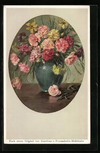 Künstler-AK Wohlgemuth & Lissner, Primus-Postkarte No. 3241: Nelken in einer Vase