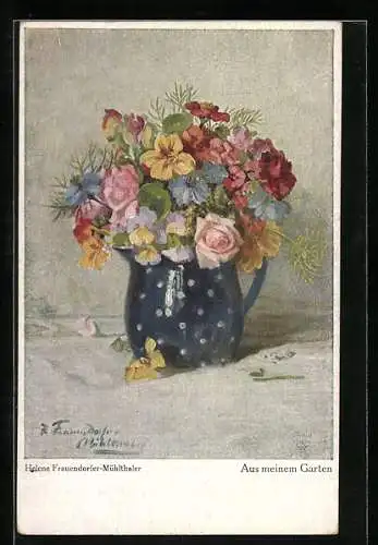 Künstler-AK Wohlgemuth & Lissner, Primus-Postkarte No.3285: Strauss bunter Gartenblumen