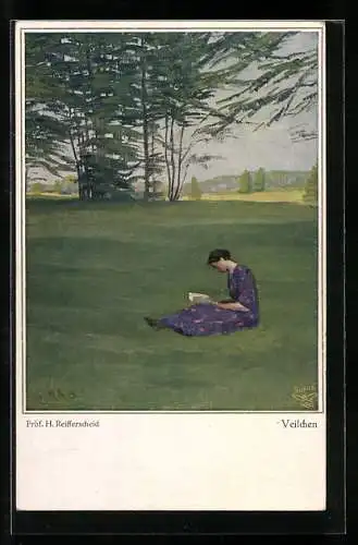 Künstler-AK Wohlgemuth & Lissner, Primus-Postkarte No.5003: Frau auf der Wiese sitzend und ein Buch lesend