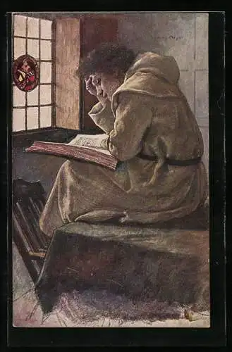 Künstler-AK Raphael Tuck & Sons Nr. 1204: Klosterschüler beim Lesen einer dicken Lektüre