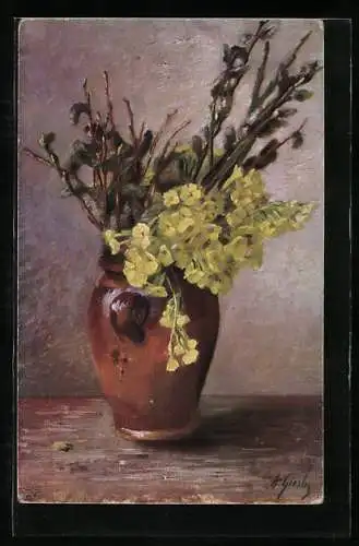 Künstler-AK Wohlgemuth & Lissner, Primus-Postkarte No. 1088: Primeln in einer Vase
