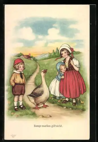Künstler-AK Wohlgemuth & Lissner, Primus-Postkarte No. 2110: Kinder mit einer Gans
