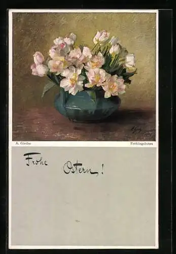Künstler-AK Wohlgemuth & Lissner, Primus-Postkarte No. 3143: Vase mit Frühlingsblumen