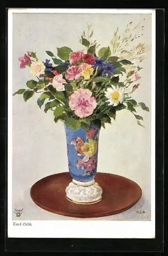 Künstler-AK sign. Emil Orlik: Rosen in blauer Vase