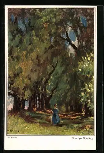 Künstler-AK Wohlgemuth & Lissner, Primus-Postkarte No. 5057: Rückenansicht von Frau auf schattigem Waldweg