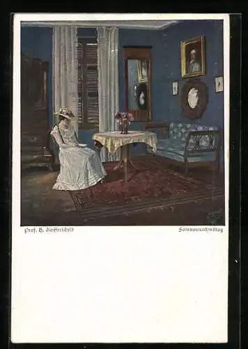 Künstler-AK Wohlgemuth & Lissner, Primus-Postkarte No. 3112: Frau mit Buch an einem Sommernachmittag