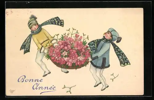 Künstler-AK Wohlgemuth & Lissner, Primus-Postkarte No. 1008: Pärchen trägt Korb mit Blumen, Neujahrsgruss