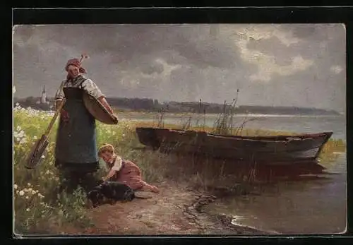 AK Kind streichelt einen Dackel, Bäuerin