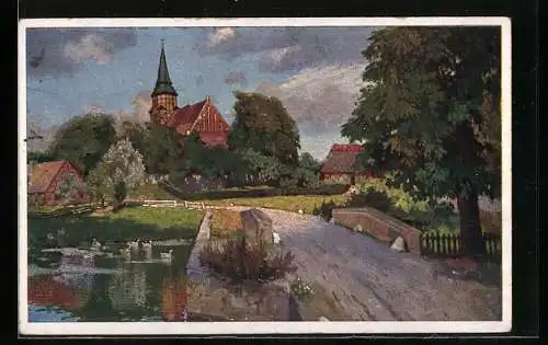 Künstler-AK Wohlgemuth & Lissner, Primus-Postkarte No. 964: Ortspartie mit Blick zur Kirche