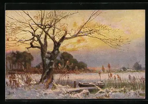 Künstler-AK Wohlgemuth & Lissner, Primus-Postkarte No. 429: Uferlandschaft mit Boot im Winter
