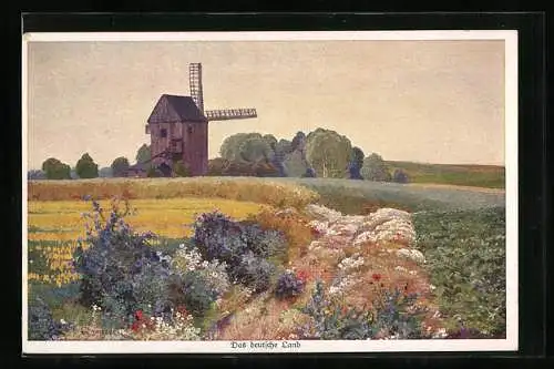 Künstler-AK Robert Kämmerer: Das deutsche Land, Blick übers Feld zur Windmühle