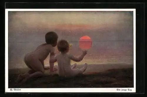 Künstler-AK Wohlgemuth & Lissner, Primus-Postkarte No. 3012: der junge Tag, zwei Kinder betrachten den Sonnenaufgang