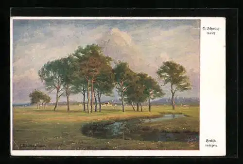 Künstler-AK Wohlgemuth & Lissner, Primus-Postkarte No. 3160: Wiese mit Bäumen an einem Herbstmorgen