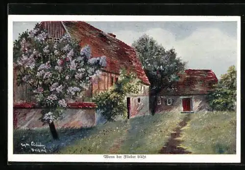 Künstler-AK Wohlgemuth & Lissner, Primus-Postkarte No. 919: Wenn der Flieder blüht, Bauernhaus