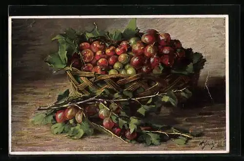 Künstler-AK Wohlgemuth & Lissner, Primus-Postkarte No. 1162: Stachelbeeren in einem Korb