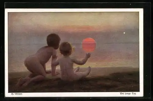 Künstler-AK Wohlgemuth & Lissner, Primus-Postkarte No. 3012, Der junge Tag, zwei nackte Kinder sehen den Sonnenaufgang