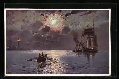 AK Feuerschiff der Küstenwacht und ein Leuchtturm bei Vollmond