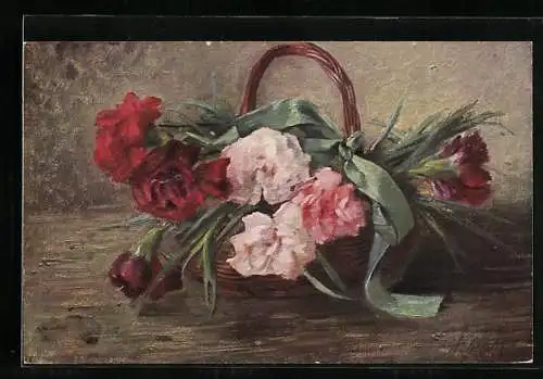 Künstler-AK I. Ginsto: rote und rosa Nelken in einem Korb