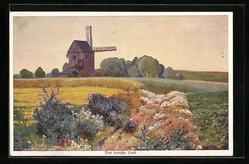 Künstler-AK Robert Kämmerer: Das deutsche Land, Blick übers Feld zur Windmühle