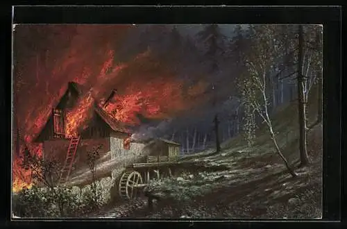 Künstler-AK Wohlgemuth & Lissner, Primus-Postkarte No. 892: Wassermühle bei einem Waldbrand