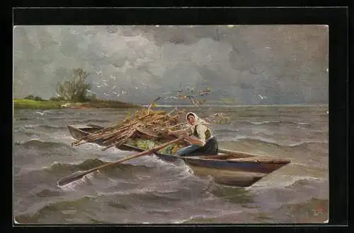 Künstler-AK sign. K. Raupp: Frau im Boot vor dem Gewitter