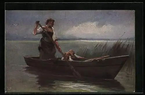 Künstler-AK Wohlgemuth & Lissner, Primus-Postkarte No. 3089: Mutter mit Kindern in einer Gondel
