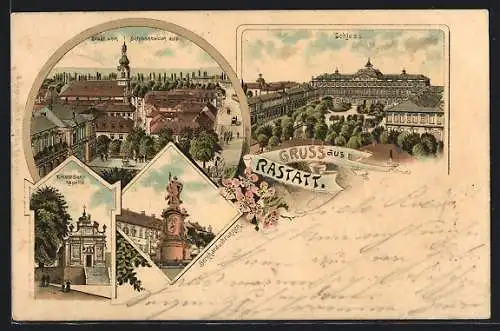 Lithographie Rastatt, Ortsansicht vom Schlossbalkon, Einsiedler-Kapelle, Schloss