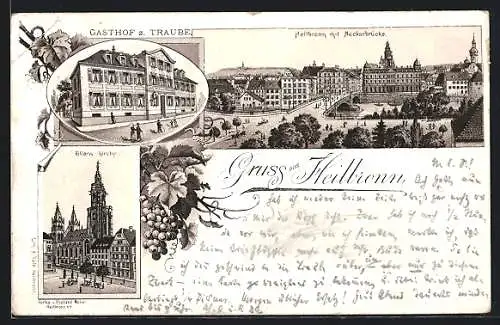 Lithographie Heilbronn, Gasthof zur Traube, Ortspartie mit Neckarbrücke, Kilians-Kirche