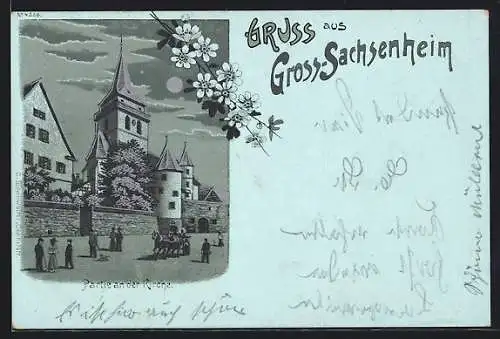 Mondschein-Lithographie Gross-Sachsenheim, Kirche mit Pferdewagen