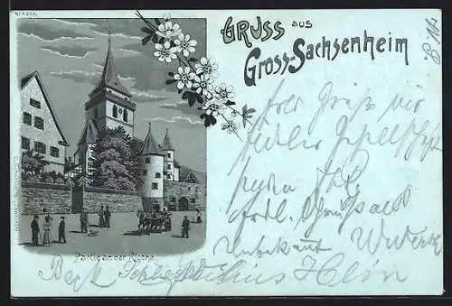 Mondschein-Lithographie Gross-Sachsenheim, Kirche mit Pferdewagen