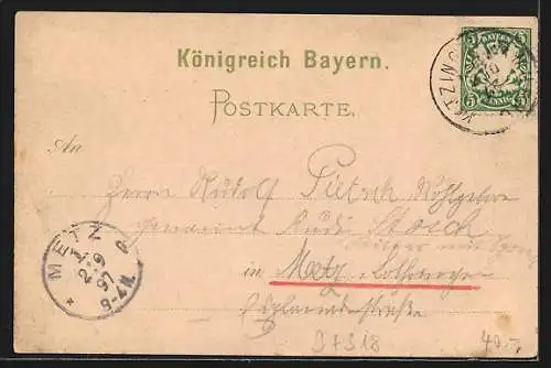 Lithographie Kitzingen, Protest. Kirche, Totale, Kriegerdenkmal