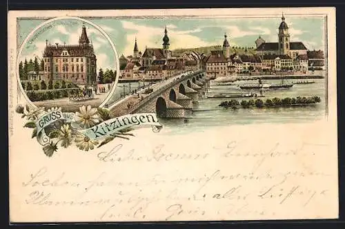 Lithographie Kitzingen, Deutsches Schlösschen, Uferpartie mit Brücke