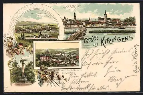 Lithographie Kitzingen a. M., Deutsches Schloss mit Mainpanorama, Uferpartie mit Brücke, Etwashausen mit Schwamberg