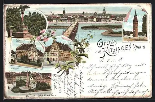 Lithographie Kitzingen a /Main, Rathaus Nordseite, Königsplatz, Krieger-Denkmal