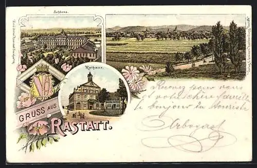 Lithographie Rastatt, Rathaus, Schloss, Blick über Felder auf die Stadt