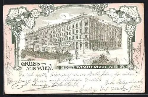 Lithographie Wien, Hotel Wimberger, gerahmt von Wein