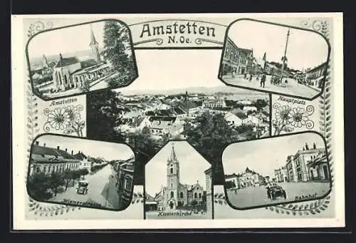 AK Amstetten, Totalansicht, Klosterkirche, Hauptplatz, Bahnhof