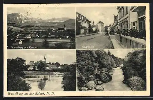 AK Wieselburg an der Erlauf, Ort mit Ötscher, Hauptplatz, Partie an der Erlauf