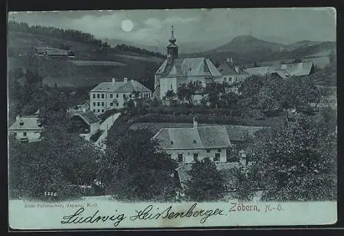 Mondschein-AK Zöbern /N.-Ö., Kirche im Ortsbild