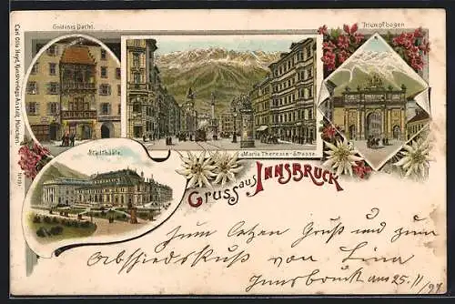 Lithographie Innsbruck, Stadtsäle, Goldenes Dachl, Maria Theresia-Strasse