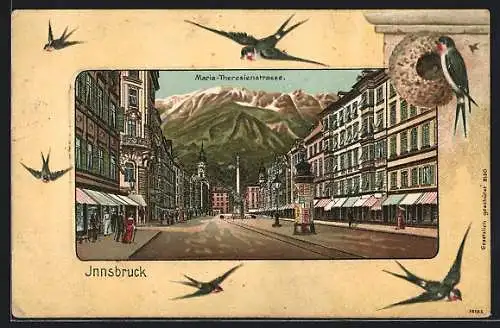 Lithographie Innsbruck, Maria-Theresienstrasse mit Litfasssäule, Schwalben