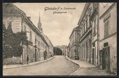 AK Gleisdorf in Steiermark, Bürgergasse mit Blick zum Kirchturm