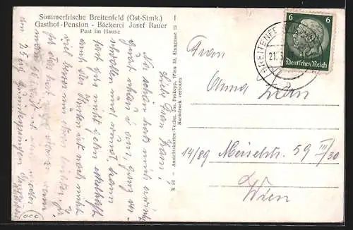 AK Breitenfeld an der Rittschein, Gasthof-Pension Josef Bauer aus der Vogelschau