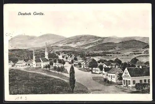 AK Deutsch Goritz, Ortspartie mit Kirche, Blick auf Hügel