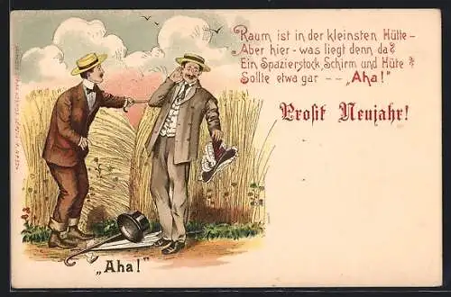 Lithographie Prosit Naujahr!. Raum ist in der kleinsten Hütte..., Liebespaar im Kornfeld