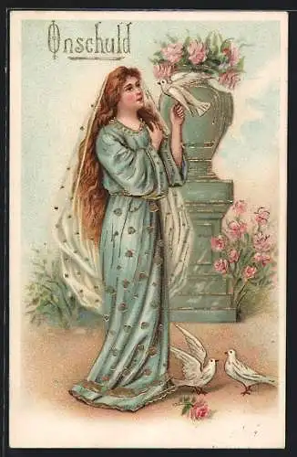 AK schöe Frau im hellblauen Kleid mit weissen Tauben, Schriftzug Purity, Allegorie