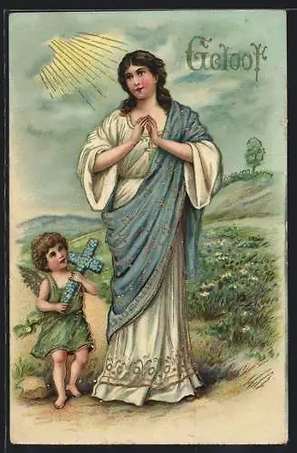 AK Allegorie, Geloof, kleiner Engel begleitet junge Frau auf einem Wiesenpfad