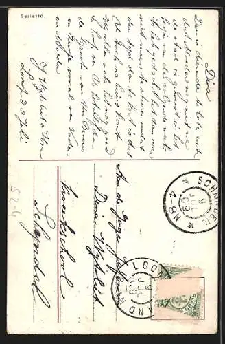 AK Allegorie, Geloof, kleiner Engel begleitet junge Frau auf einem Wiesenpfad