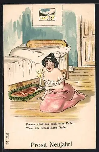Lithographie Frau sitzt auf dem Boden ihres Zimmers im Nachtrock, von einem Liebhaber träumend